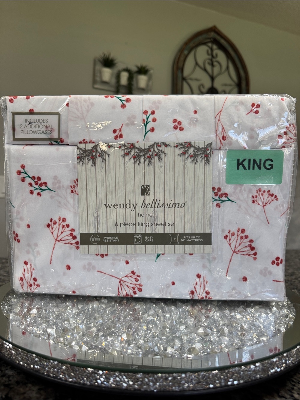 Wendy Bellissimo White Sheet Set with Red & Green Berry Sprig Print NEW
